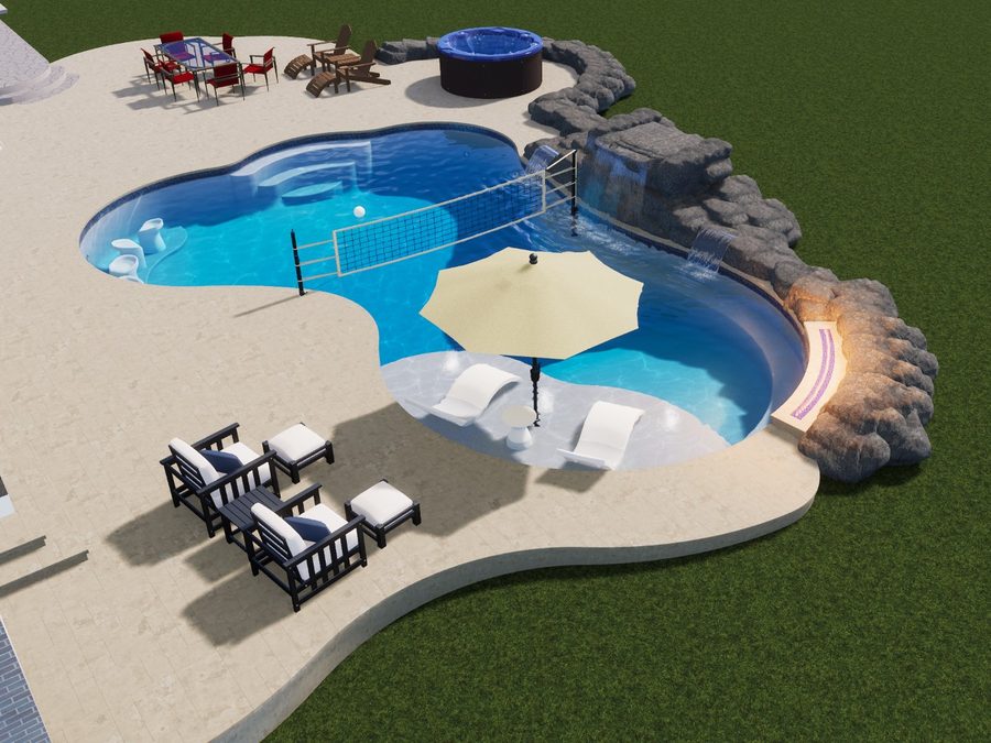 3D design of a freeform pool with a tanning ledge, umbrella, loungers, spa and rock waterfall