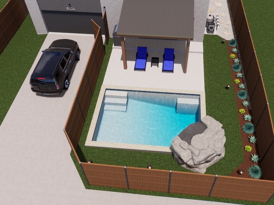 3D design of a compact plunge pool with a rock feature in a narrow fenced backyard