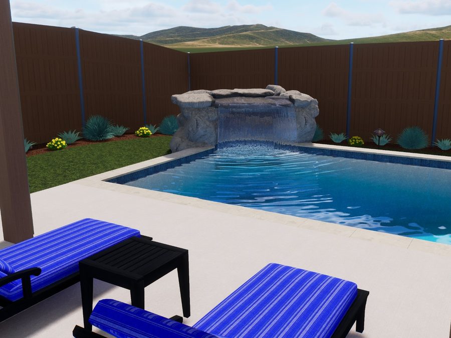3D design of a refreshed rectangular pool with a rock waterfall and new deck loungers