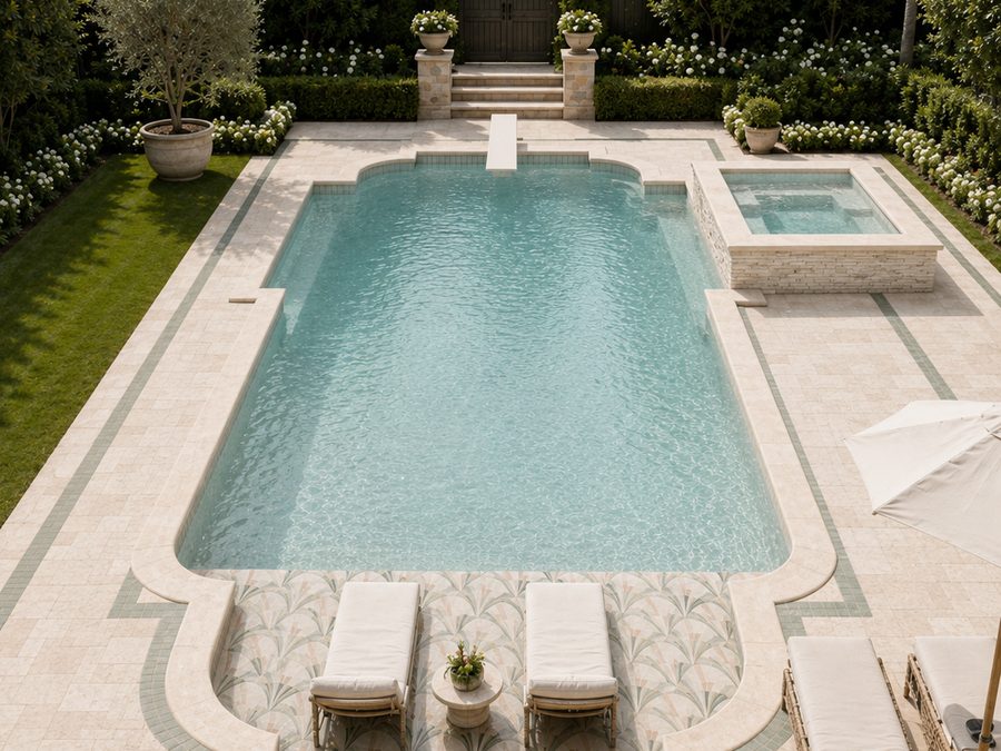 A formal rectangular pool with a raised spa at the far end, framed by hedges and loungers