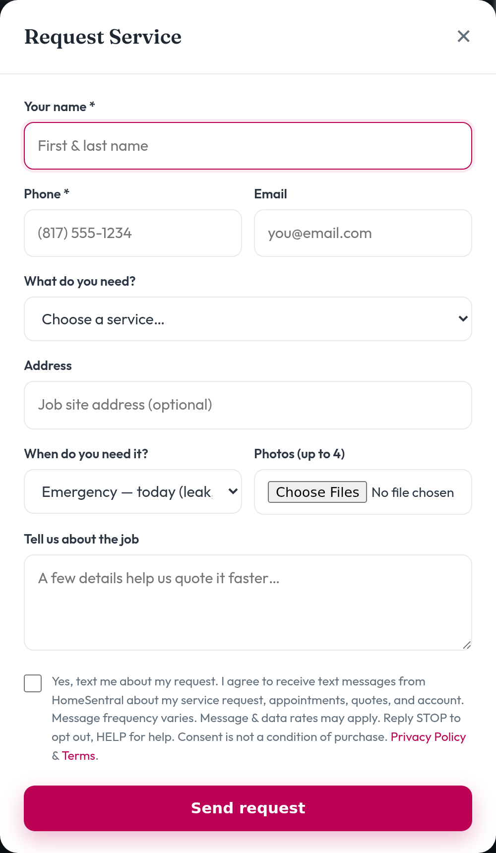 The HomeSentral Request Service form. Below the job details is an unchecked checkbox with the text-message consent wording, above the Send request button.