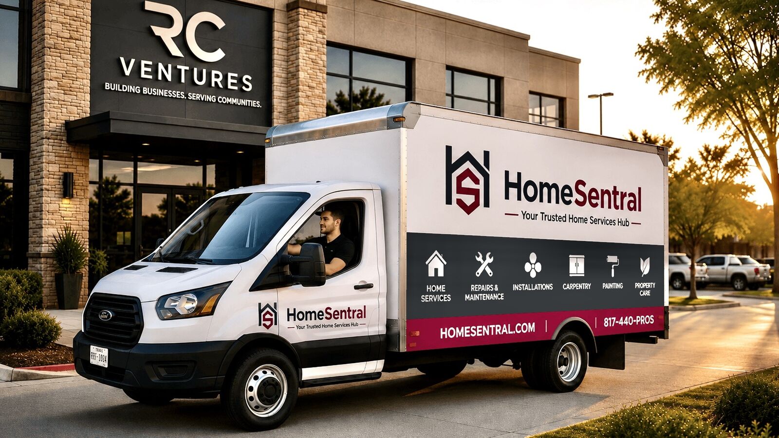 The HomeSentral services truck, branded for repairs, installations, carpentry, painting and property care across Greater Fort Worth